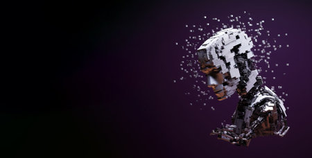 Artificial intelligence. Scattering head profile of a chrome-plated robot, dark lilac background. Header banner mockup with copy space. AI generated.の素材