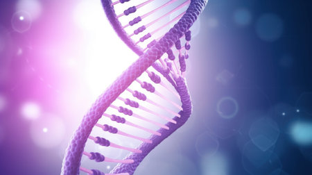 Human structure of DNA, researches of chromosomes. Lilac-blue background, isolate. AI generated.の素材