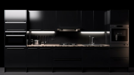 Modern dark kitchen with backlight, minimalist interior design on black background isolate. Header banner mockup with copy space. AI generated.の素材