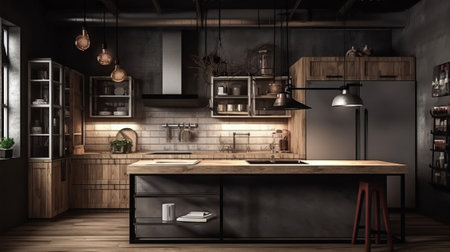 Rustic style kitchen interior design, colored furniture with wood elements, warm background. Architectural solutions for premises. AI generated.の素材
