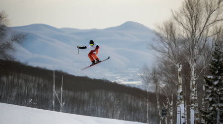 Skier in jump, background of snow-covered mountain descends in rays of the sun. Active winter vacation. AI generated.の素材