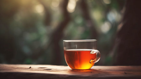 Glass cup of hot tea with saucer, refreshing traditional drink, blurred background. Natural organic healthy drink. AI generated.の素材