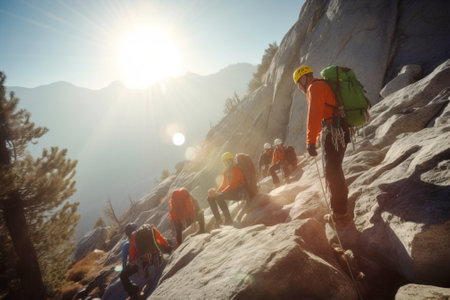 Group of climbers in the rays of the sun in the concept of active extreme sports on the mountain. Hiking climbing adventure travel. AI generated.の素材
