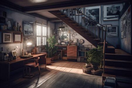 Modern interior design of the living room of an apartment house, warm colors, dark brown colors. AI Generative. Modern cozy stylish comfortable furniture.の素材