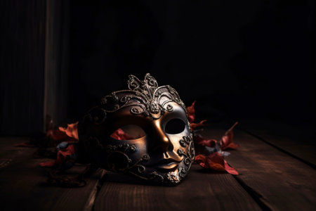Masquerade carved dark mask with gilding on a dark background, festival carnival party mask. Symbol of Venice and Italy, the art of the sacrament.の素材