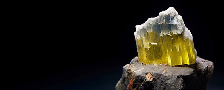 Saleeite is a rare precious natural geological stone eremite on a black background in low key. Fashionable jewelry elegant decoration. AI generated. Header banner mockup with space.の素材