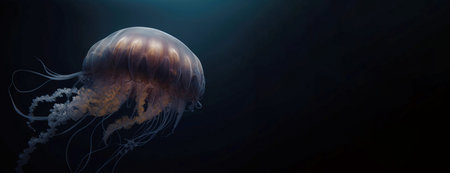 Group of rare colored jellyfish close-up, dark background. AI generated. Marine ocean fauna, wildlife. Header banner mockup with copy space.の素材