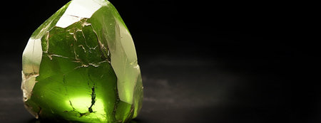 Olivine is a rare precious natural geological stone eremite on a black background in low key. Fashionable jewelry elegant decoration. AI generated.の素材