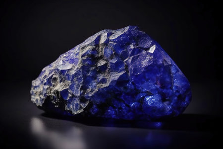 Tanzanite is a rare precious natural geological stone on black background in low key. Fashionable jewelry elegant decoration. AI generated. Header banner mockup with space.の素材
