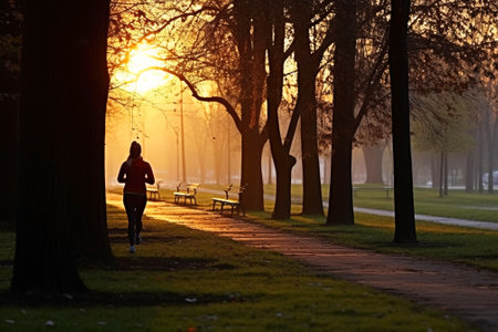 Mature elderly woman pensioner smiling happily doing jogging lifestyle for health in park in evening. Fitness leisure for an adult.の素材