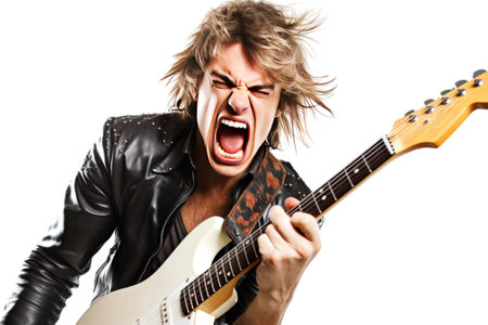 Close-up of an artist musician plays the guitar, sings loudly, screams emotionally excitedly, white background isolate. Header banner mockup with copy space.の素材