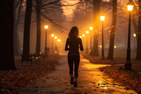 Mature elderly woman pensioner smiling happily doing jogging lifestyle for health in park in evening. Fitness leisure for an adult.の素材
