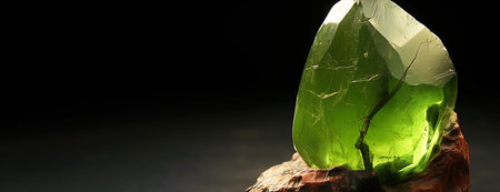 Olivine is a rare precious natural geological stone eremite on a black background in low key. Fashionable jewelry elegant decoration. AI generated.の素材