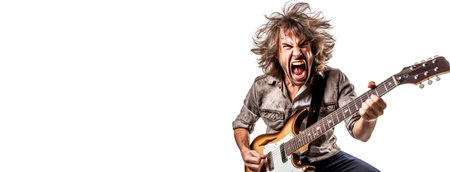 Close-up of an artist musician plays the guitar, sings loudly, screams emotionally excitedly, white background isolate. Header banner mockup with copy space.の素材