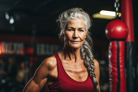 Mature elderly woman pensioner smiling happily doing boxing lifestyle for health in gym. Fitness leisure for an adult.の素材
