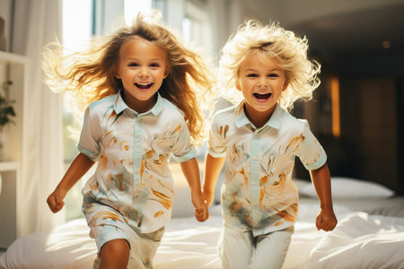 Cheerful children, sisters, brothers play and jump on the bed in the bedroom. Family happiness, traditional values.の素材