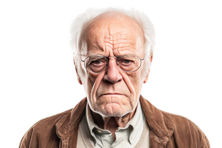 An elderly man grandfather shouts in angry anger, aggressively disappointed, white background isolate. Grumpy negative emotion.の素材