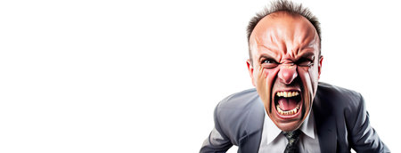 Close-up angry angry man, white background isolate. Aggressive person, abuses. Header banner mockup with copy space.の素材