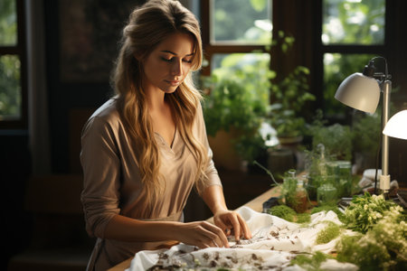 A young beautiful woman is enthusiastically engaged in flower gardening as a hobby in the evening interior background.の素材