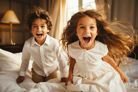Cheerful children, sisters, brothers play and jump on the bed in the bedroom. Family happiness, traditional values.の素材