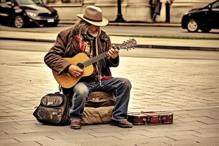 A sad elderly street musician entertains passers-by on a city street by playing a musical instrument. Outdoor lifestyle, arts tourism.の素材