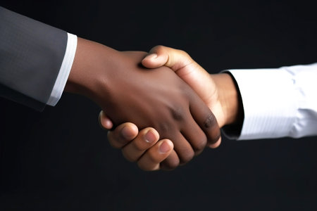 Strong friendly partnership business handshake of two male hands, dark background isolate. Concept of conclusion of a deal agreement.の素材