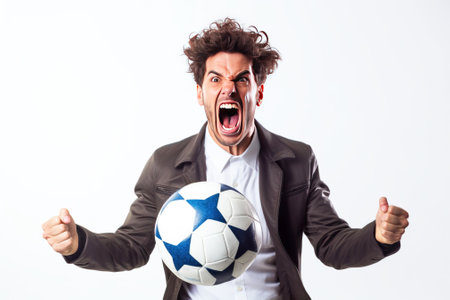 Emotionally excited male sports fan of the championship in a club uniform, white background isolate. Header banner mockup with copy space.の素材