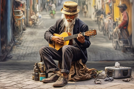 A sad elderly street musician entertains passers-by on a city street by playing a musical instrument. Outdoor lifestyle, arts tourism.の素材
