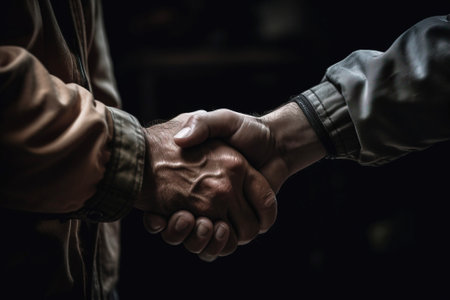 Strong friendly partnership business handshake of two male hands, dark background isolate. Concept of conclusion of a deal agreement.の素材