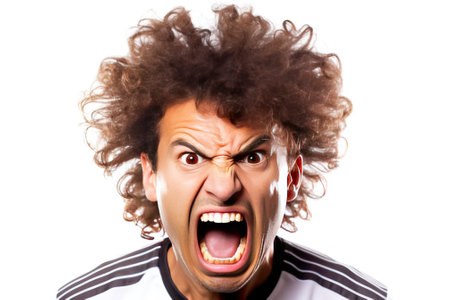 Emotionally excited male sports fan of the championship in a club uniform, white background isolate. Header banner mockup with copy space.の素材