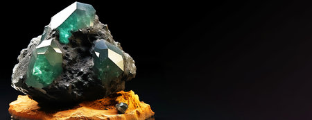 Anapaite is a rare precious natural geological stone eremite on a black background in low key. Fashionable jewelry elegant decoration. AI generated. Header banner mockup with space.の素材