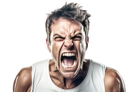 Close-up angry angry man, white background isolate. Aggressive person, abuses. Header banner mockup with copy space.の素材