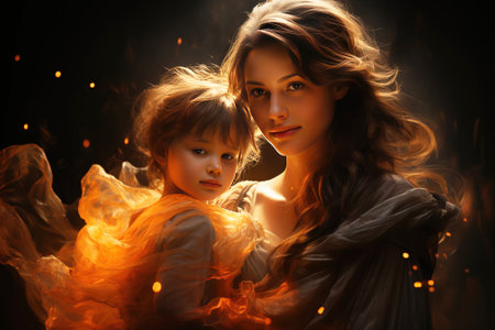 A strong, reliable woman, a mother, protects a frightened little child from threat, danger. Header banner mockup with copy space.の素材