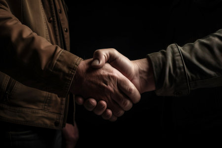 Strong friendly partnership business handshake of two male hands, dark background isolate. Concept of conclusion of a deal agreement.の素材