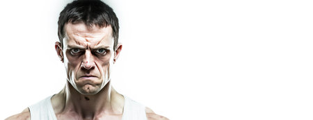Close-up angry angry man, white background isolate. Aggressive person, abuses. Header banner mockup with copy space.の素材