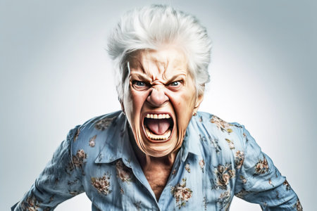 Elderly woman grandmother screams in angry anger, aggressively disappointed, white background isolate. Grumpy negative emotion.の素材