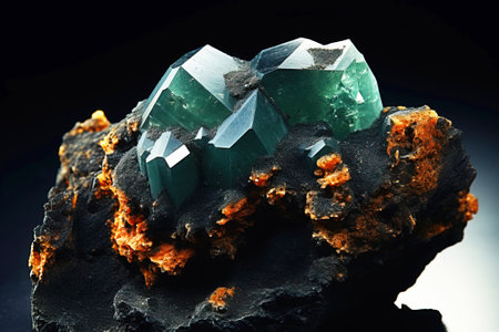 Anapaite is a rare precious natural geological stone eremite on a black background in low key. Fashionable jewelry elegant decoration. AI generated. Header banner mockup with space.の素材