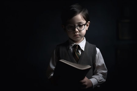 Boy child in suit of scientific writer, professor's teachers hat, black background isolate. Header banner mockup with copy space.の素材