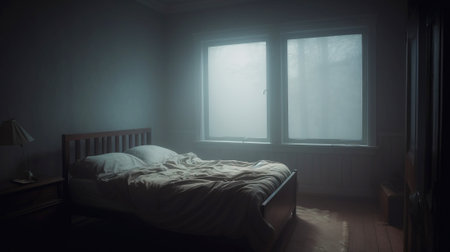 Insomnia concept, slow motion, empty blue city street in fog, light of lanterns. AI generated.の素材