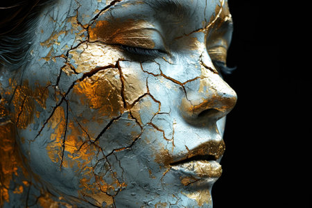 Kintsuki, Japanese ceramic head glued with gold. Concept of not constancy, imperfection of world. Close-up, dark background. Header banner mockup with copy space. AI generated.の素材