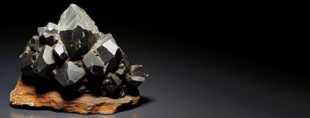 Ullmannite is a rare precious natural geological stone eremite on a black background in low key. Fashionable jewelry elegant decoration. AI generated. Header banner mockup with space.の素材