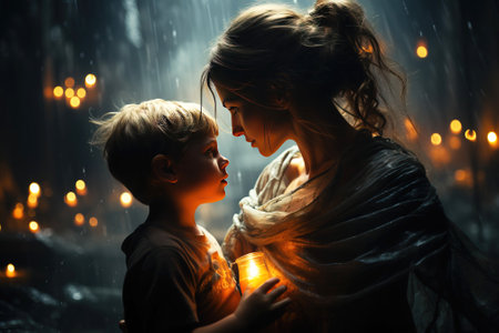A strong, reliable woman, a mother, protects a frightened little child from threat, danger. Header banner mockup with copy space.の素材