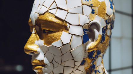 Kintsuki, Japanese ceramic head glued with gold. Concept of not constancy, imperfection of world. Close-up, dark background. Header banner mockup with copy space. AI generated.の素材