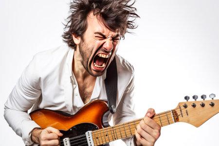 Close-up of an artist musician plays the guitar, sings loudly, screams emotionally excitedly, white background isolate. Header banner mockup with copy space.の素材