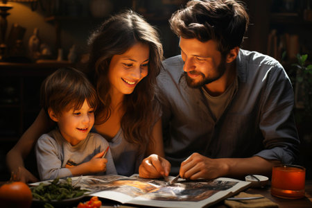 Friendly happy family, father mother, children having fun, laughing. Family happiness, traditional values.の素材