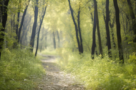 Path in a green forest in the sun. Summer nature natural environment. Ecological natural flora.の素材