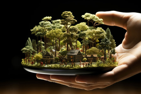 Miniature eco system with toy people, saving nature in a symbolic settlement. Header banner mockup with copy space.の素材
