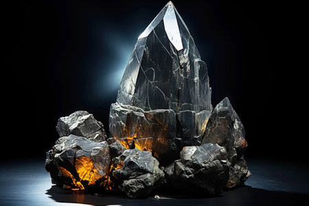 Abramovite is a rare precious natural geological stone eremite on a black background in low key. Fashionable jewelry elegant decoration. AI generated. Header banner mockup with space.の素材