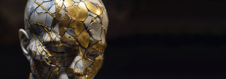 Kintsuki, Japanese ceramic head glued with gold. Concept of not constancy, imperfection of world. Close-up, dark background. Header banner mockup with copy space. AI generated.の素材