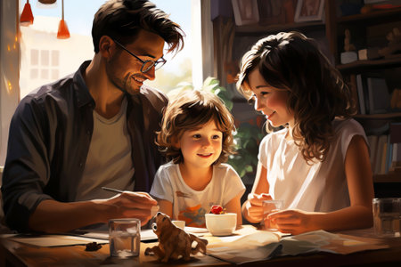 Friendly happy family, father mother, children having fun, laughing. Family happiness, traditional values.の素材